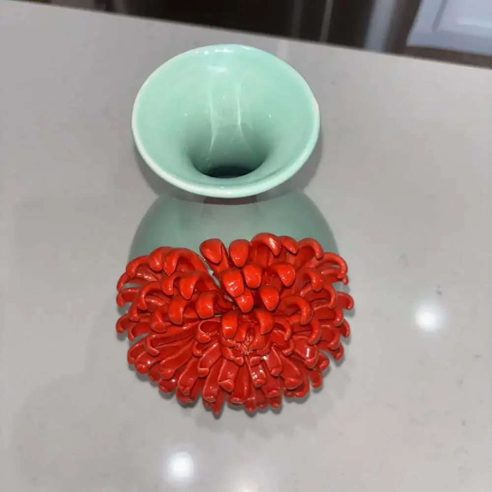 Anthropologie Celadon Blue Ceramic Vase with 3D Red Chrysanthemum Flower
